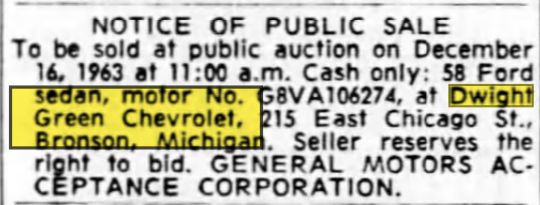 Dwight Green Chevrolet - Dec 1963 Ad With Address